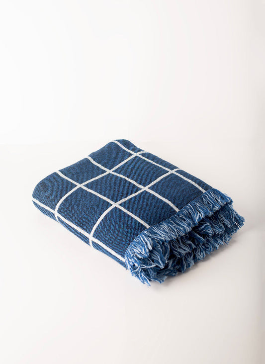 Blue Grid Jacquard Woven Throw