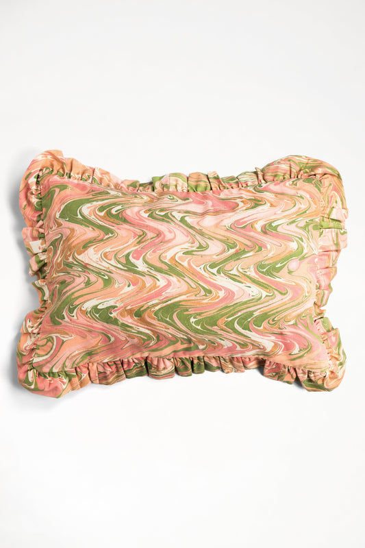 Peony Bloom Ruffled Hand-Marbled Pillow, 14x20