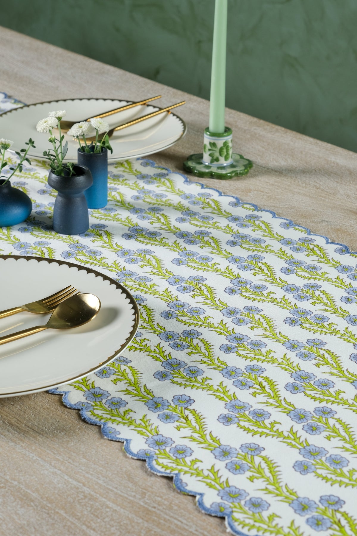 Forget-Me-Not Scallop Embroidered Blockprint Table Runner