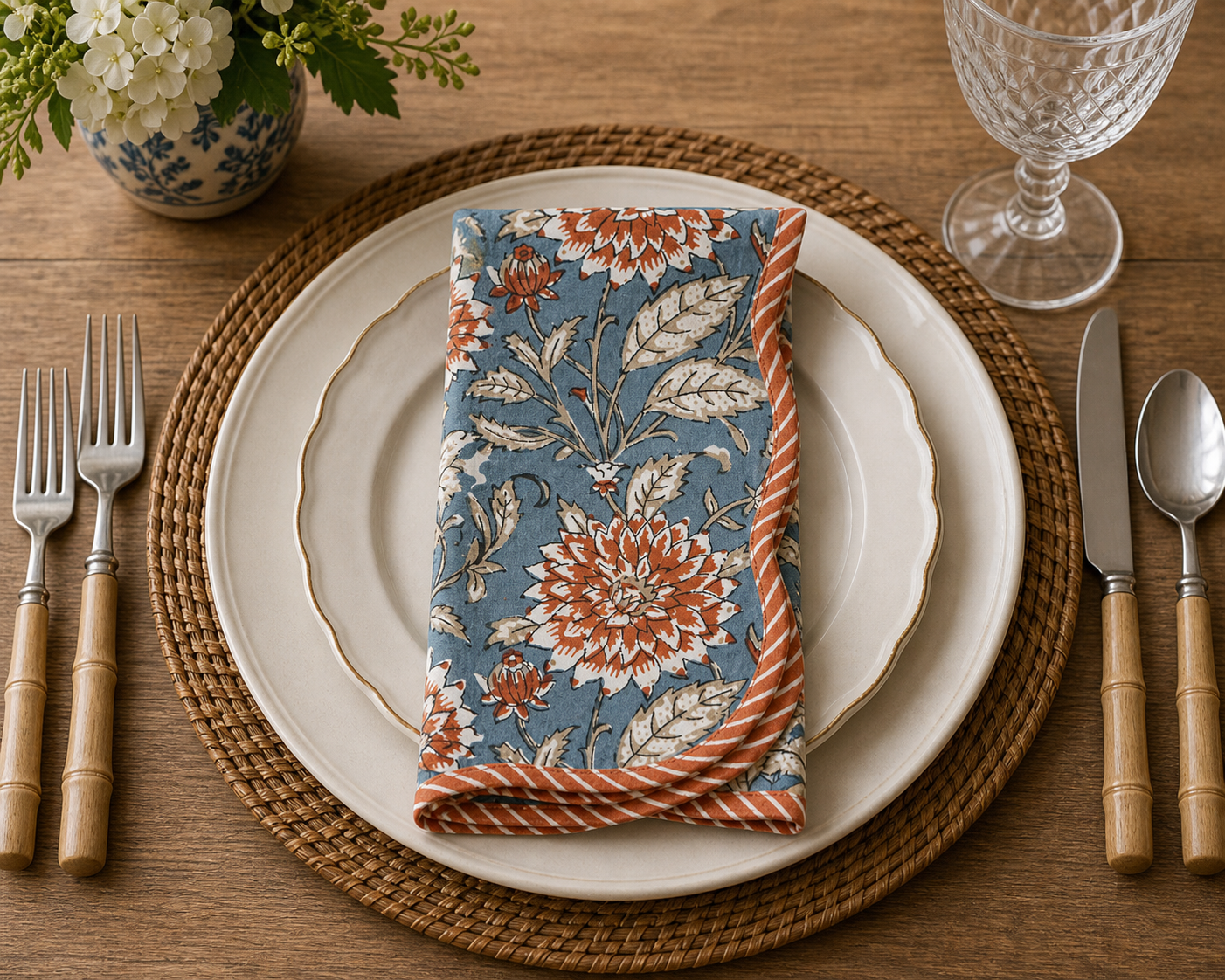 Set of 12 Dahlia Block Print Napkins