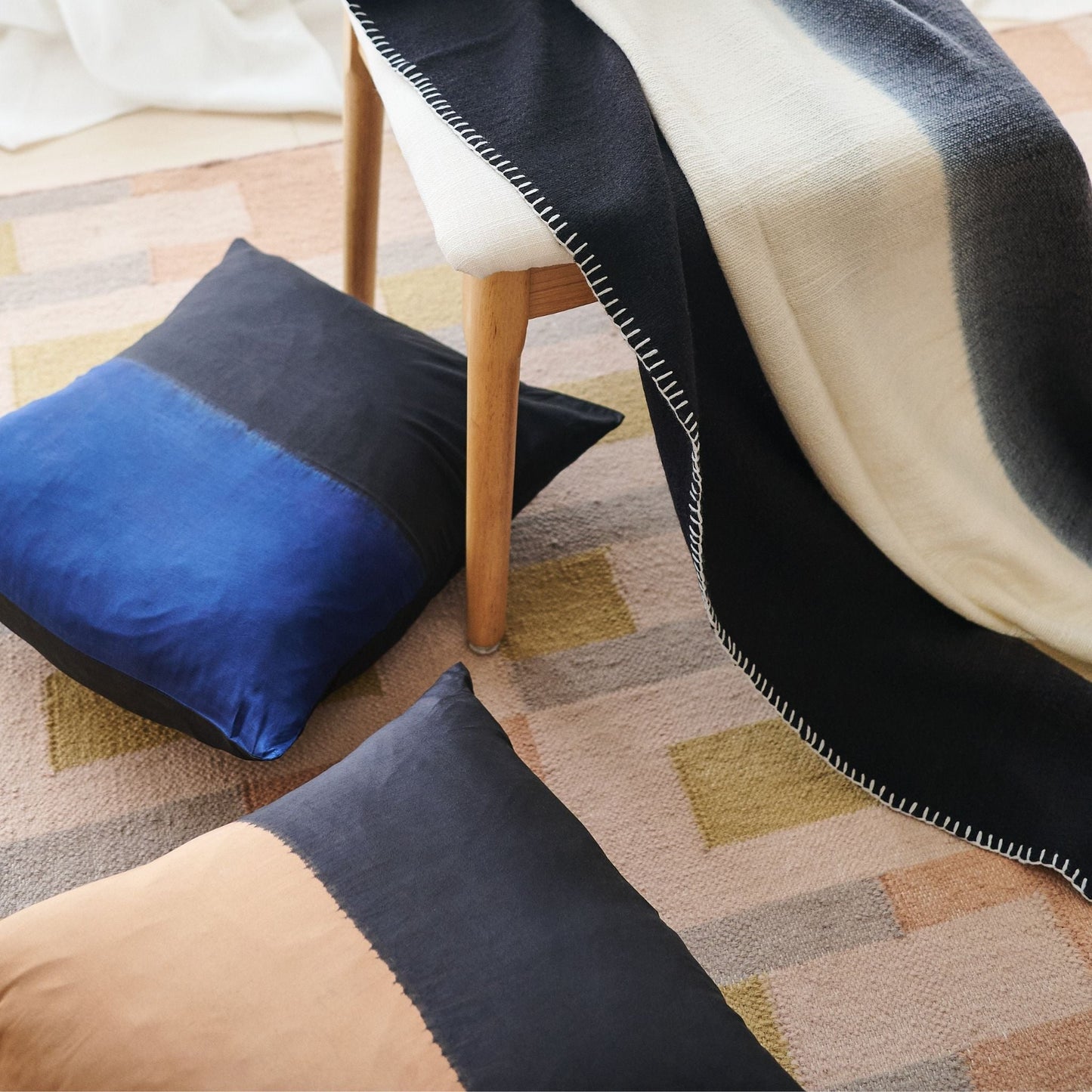 Ink Black White Ombre Textured Throw  In Hand Spun Merino And Hand Stitched Hem