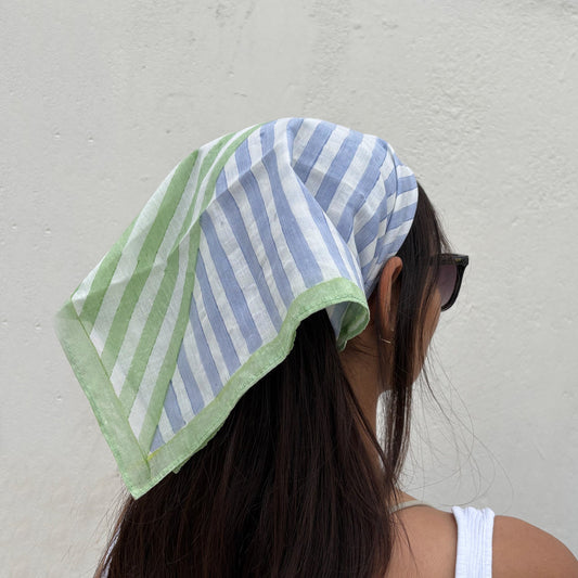 Handcrafted Cotton Square scarf | Bandana | Blue and Green Stripes