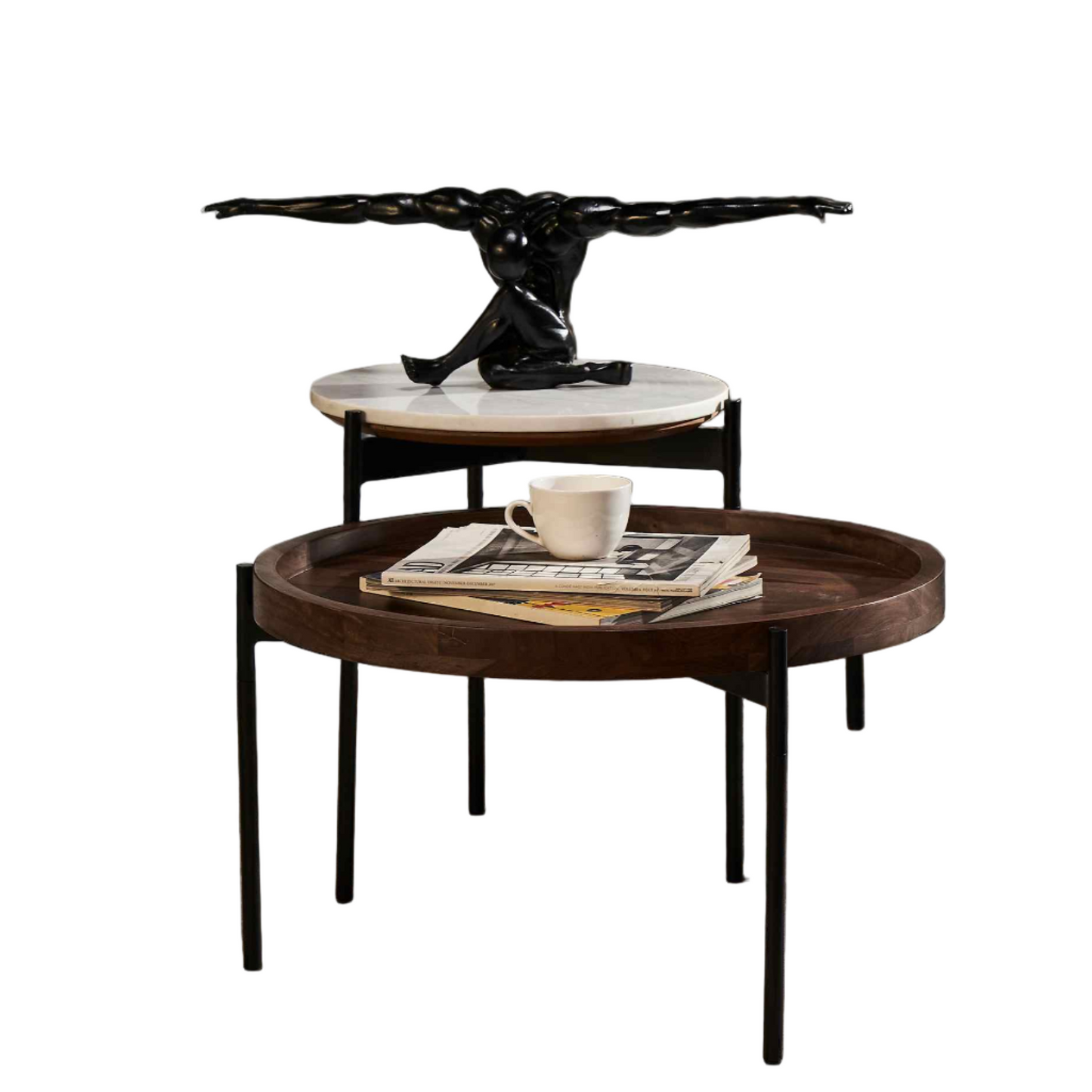 Wood & Marble Top Coffee Table Set of 2