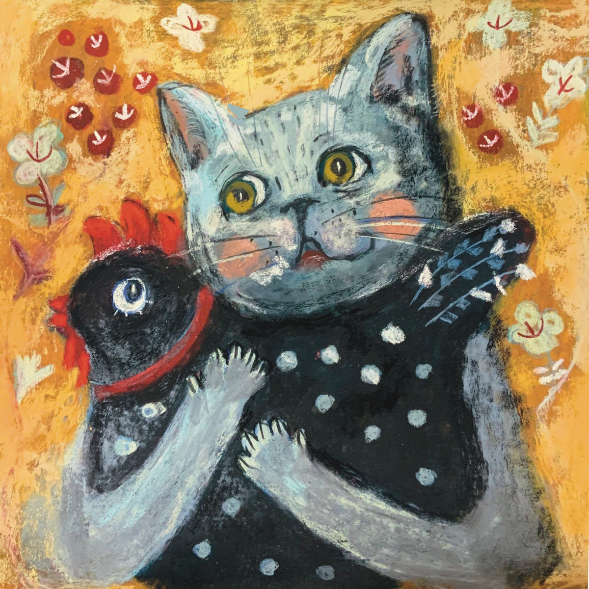 Echoes of Innocence: Cat Hugging a Chicken, Whimsical Pastel Art Print on Board