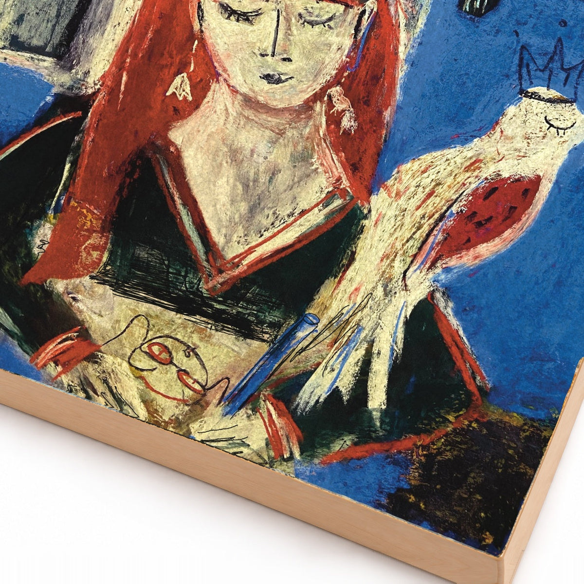 Night Time Art: Red-Haired Girl with a Cat and a Bird, Pastel Art Print on Board