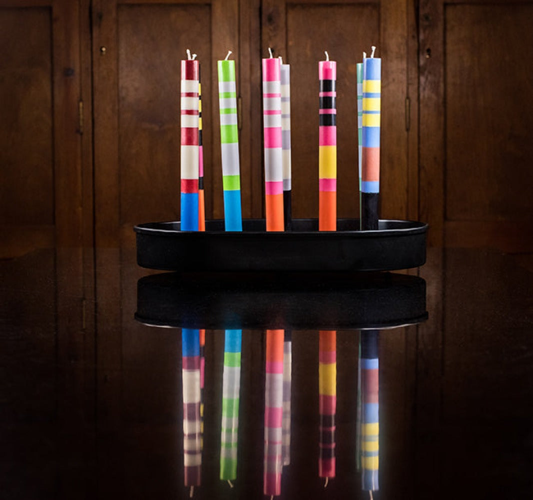 S/4 Striped Jet Black, Orange Flame, Neyron & Sulphur Yellow Flame Dinner Candles