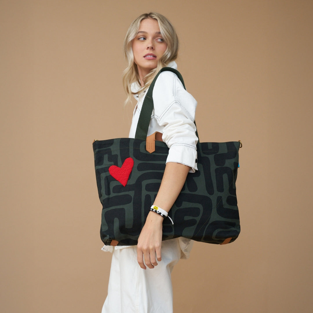 Carryall Bag - Safari Kuba with Red Beaded Heart