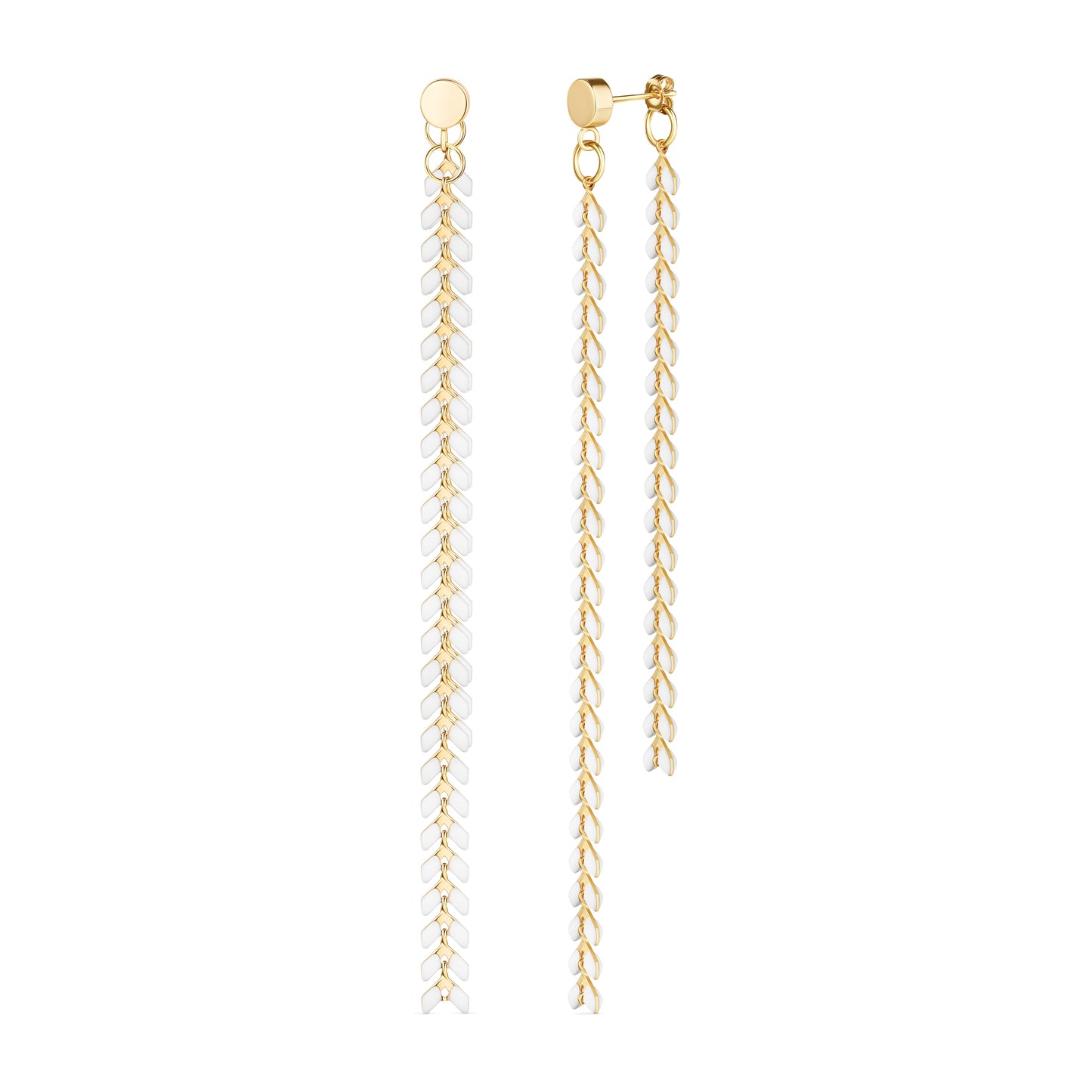 Elegante White Enamel Chevron Dangle Earrings | Gold Filled