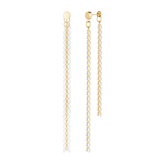 Elegante White Enamel Chevron Dangle Earrings | Gold Filled