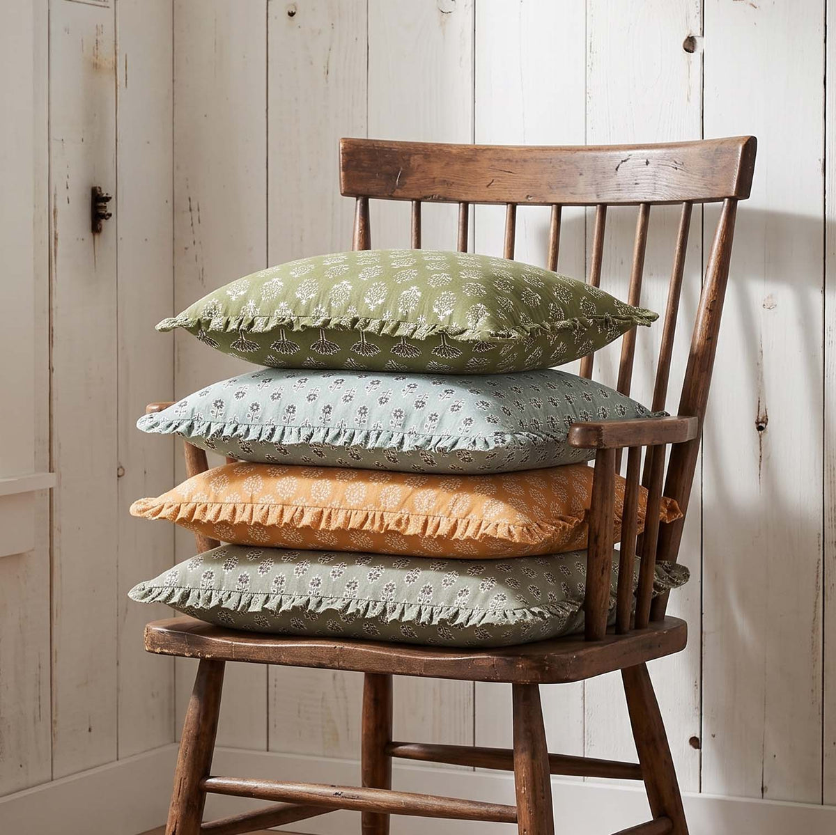 Block-Printed Pillow Cover | 20x20 Ruffled Cotton, Hidden Zipper