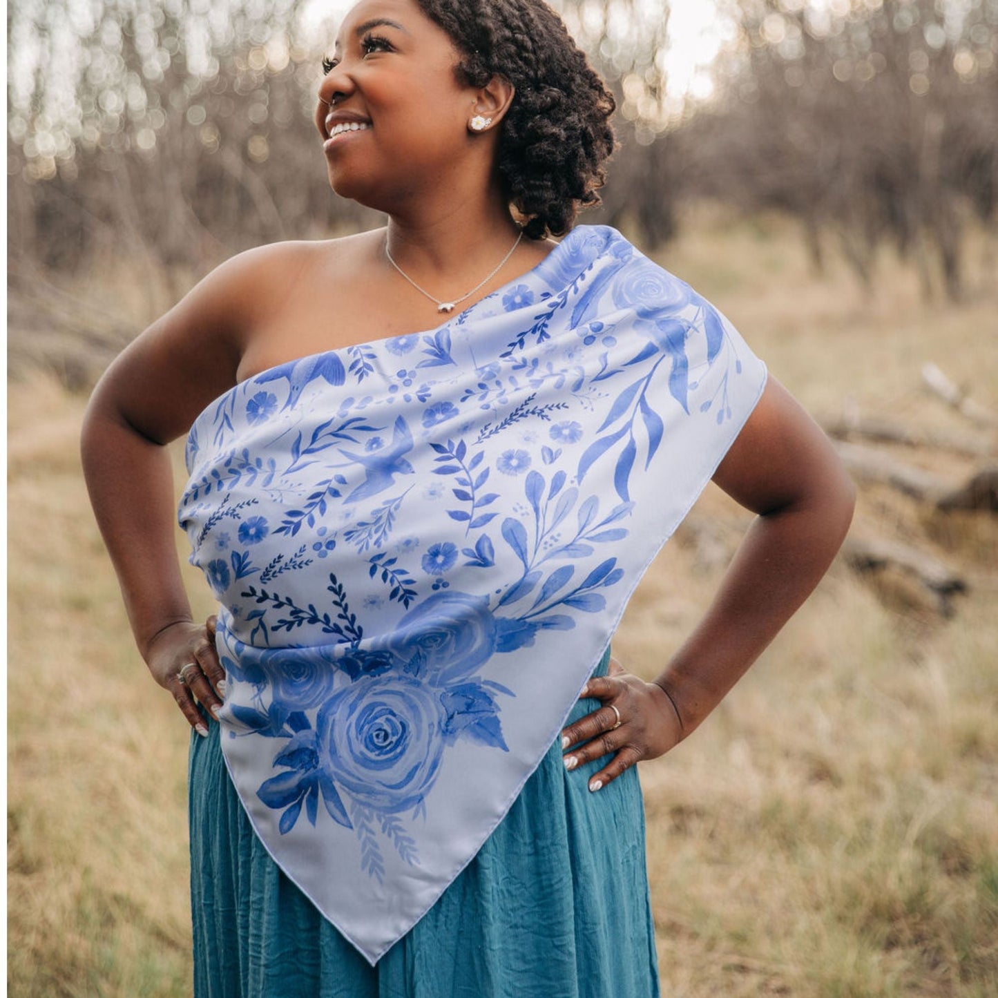 100% Silk Scarf: Zephyr - Blue Floral Bird Pattern