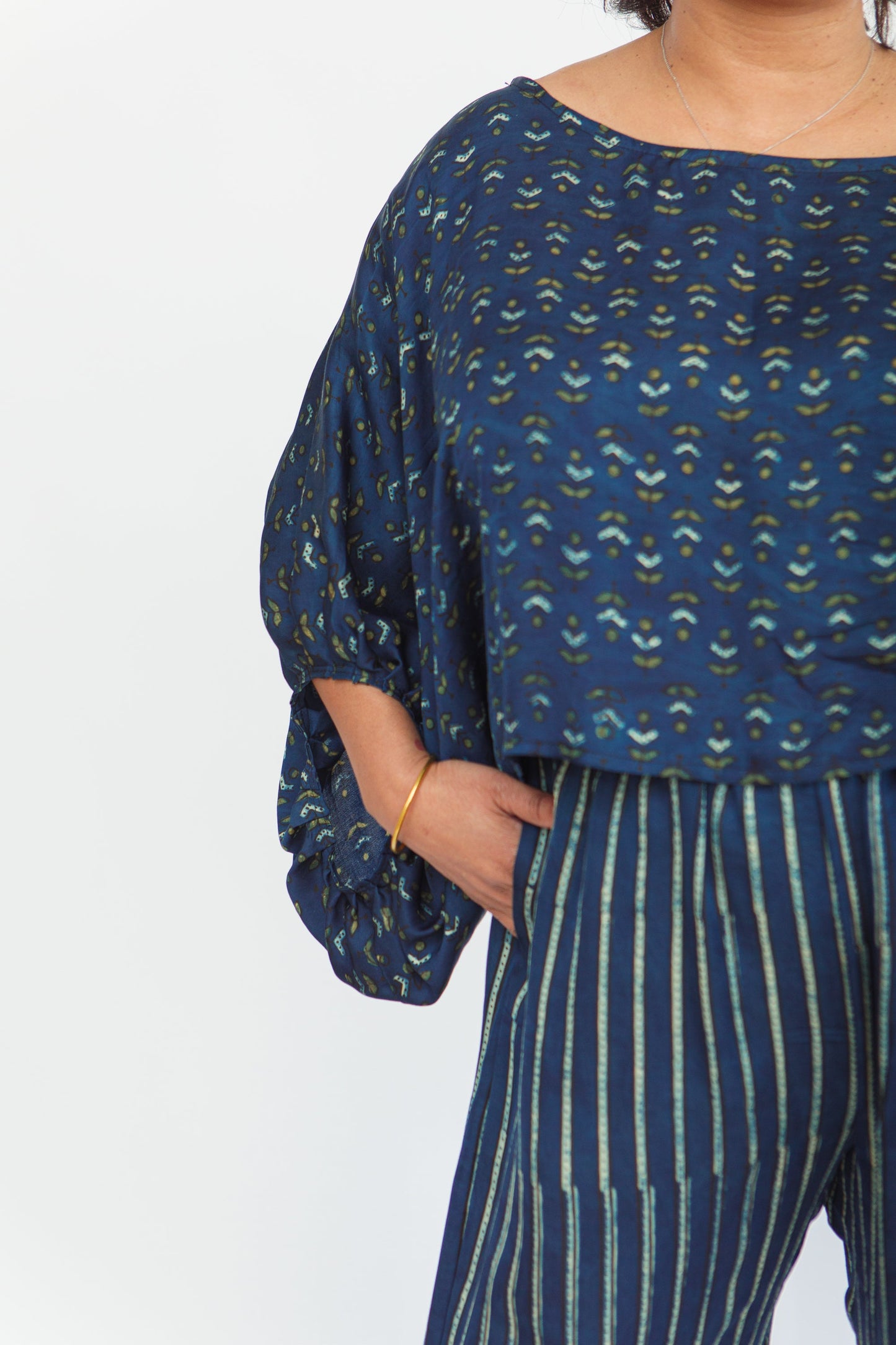Block-Print Modal & Silk Crinkle Crop Blouse