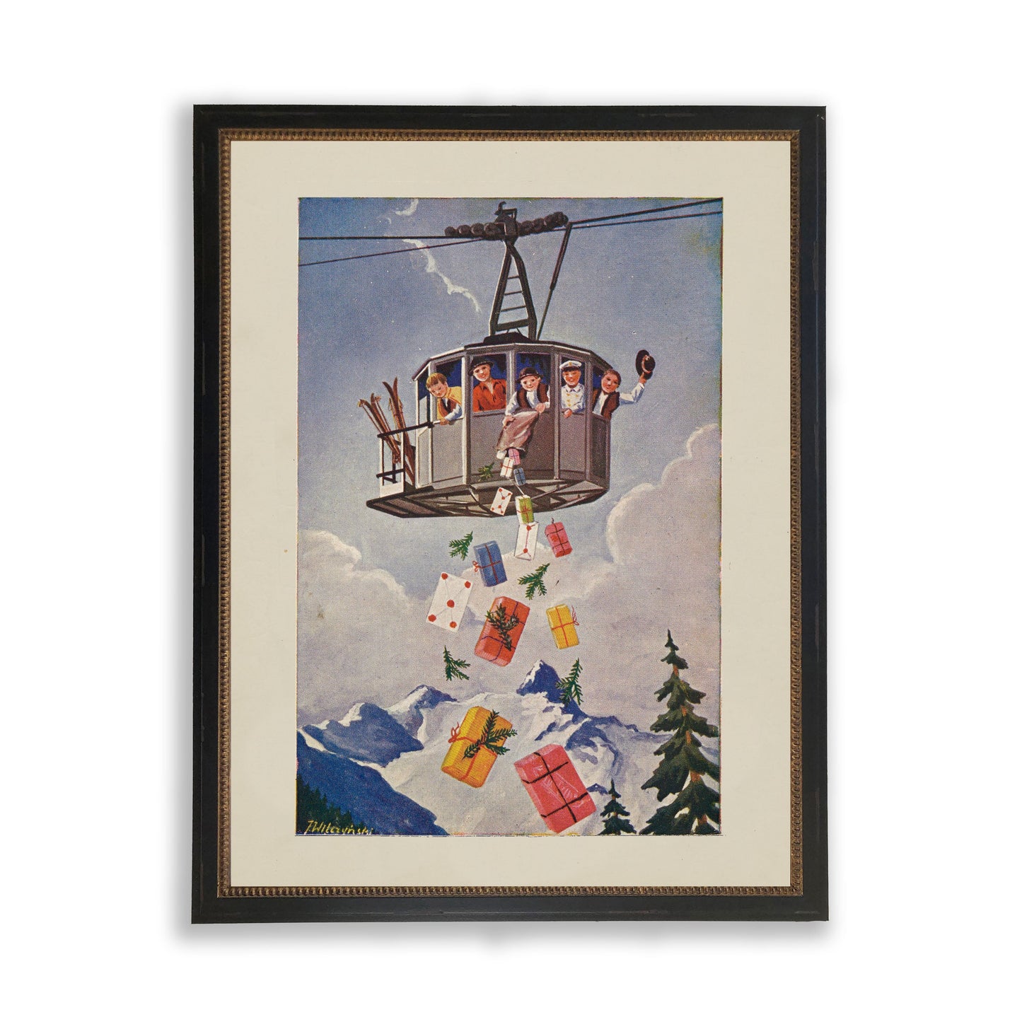 Ski Lift Gift Drop Print in Beaded Gold and Black Frame