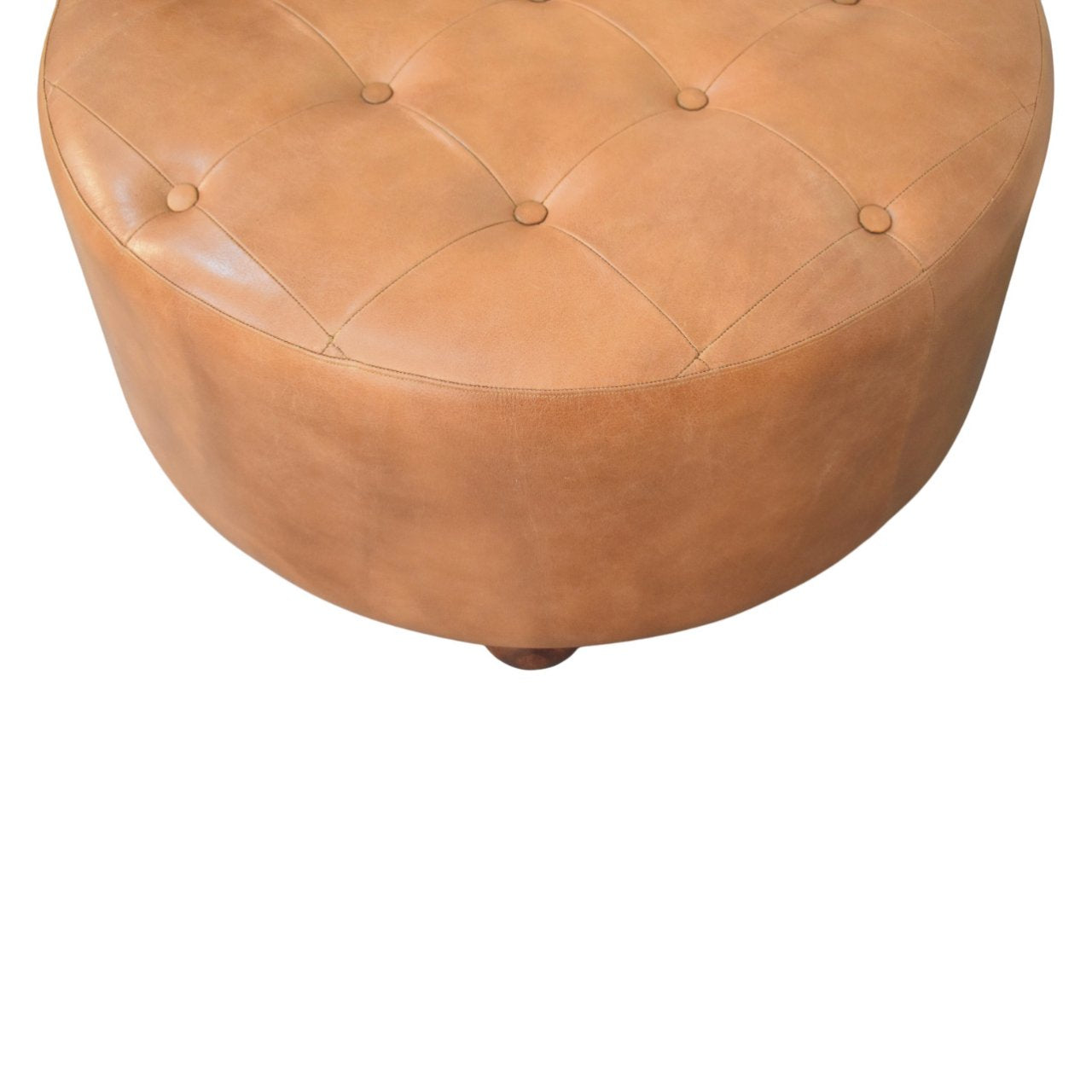 Brown Buffalo Hide Leather Upholstered Round Ottoman