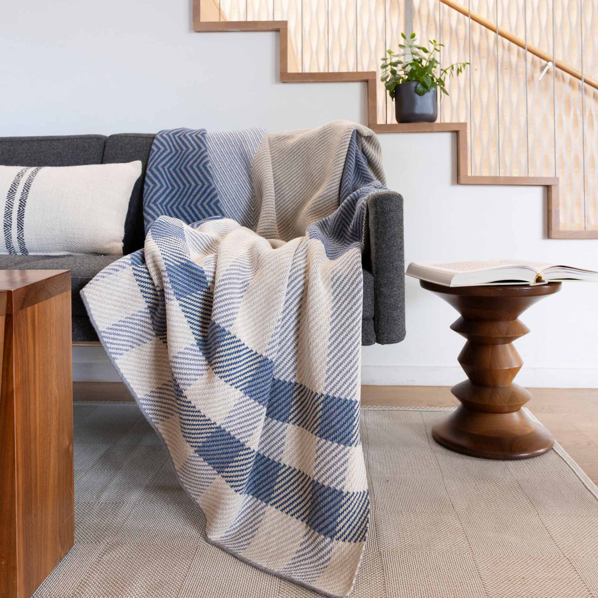 Patchwork Herringbone - Cotton Sustainable Knit Plaid Solid Throw Blanket