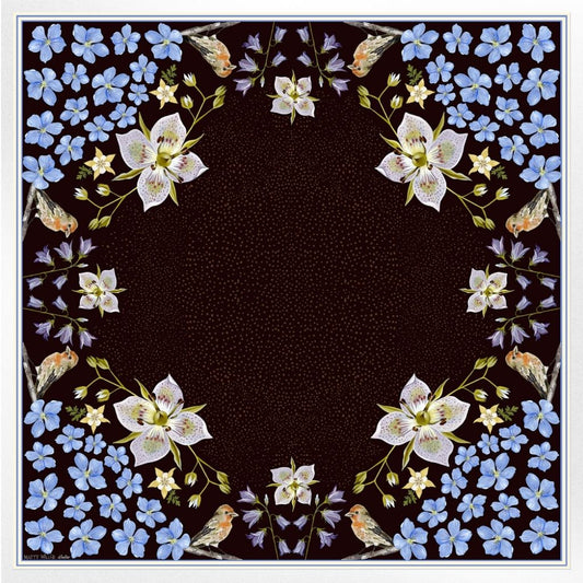 100% Silk Scarf: Black Gentian - Floral Bird Design