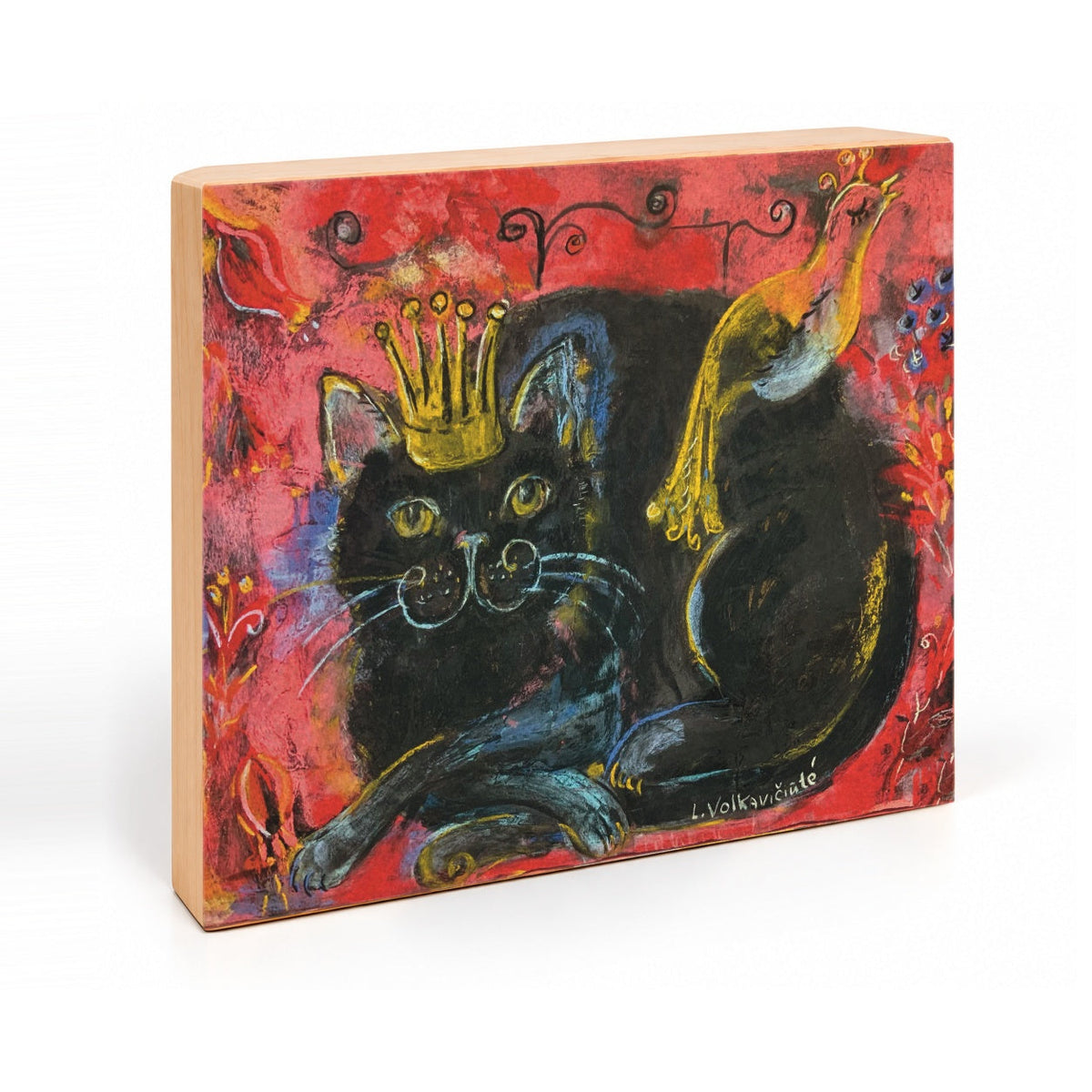 Crowned Black Cat with Bird: Red Folk Art Print on Board