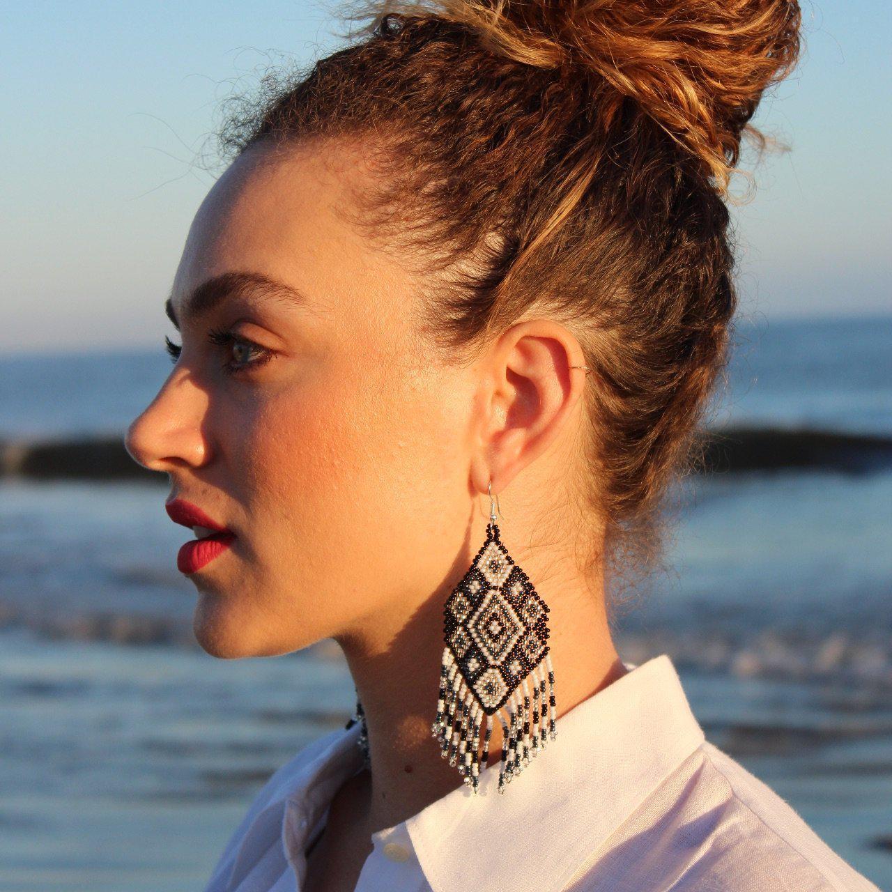 Flor Geometric Seed Bead Boho Fringe Earrings - Guatemala