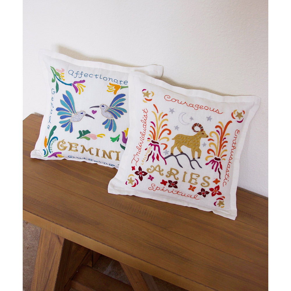Gemini Astrology Hand-Embroidered Pillow by Cat Studio