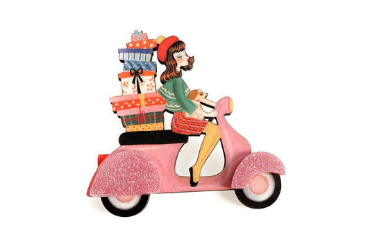 Girl on Scooter with Gifts Brooch by Laliblue
