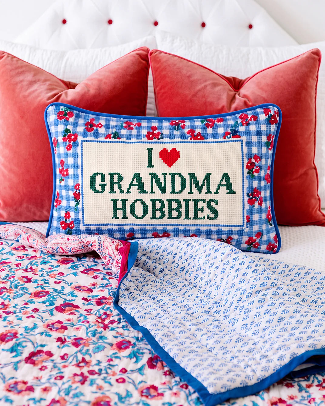 Grandma Hobbies Needlepoint Pillow