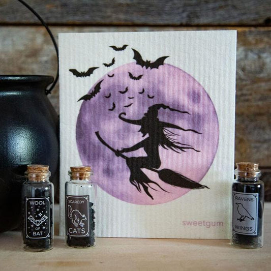 Halloween Witch and Moon Swedish Dishcloth |  Purple & Black