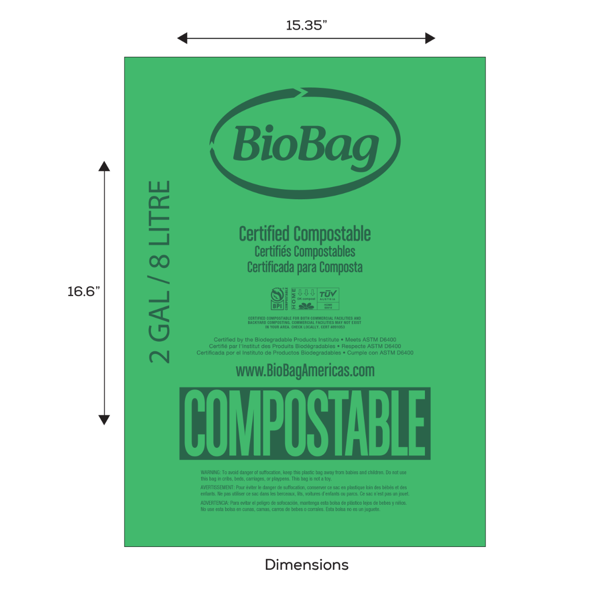 BioBag 2 Gallon Compostable Bags 15.35x16.6in (QTY 600), SKU 02G1517