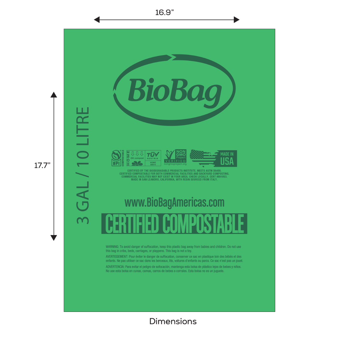 BioBag Compostable 3 Gallon Bag Liners - 16.9in x 17.7in, SKU 03G1718