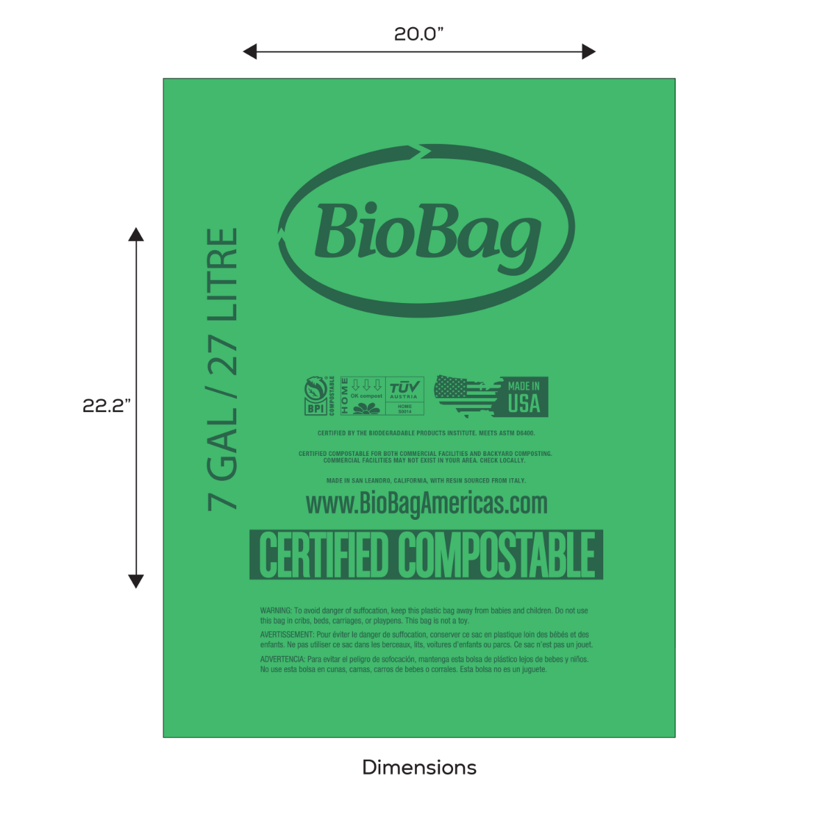 BioBag 7 Gallon Compostable Bag Liners Green (QTY 600), SKU 07G2022