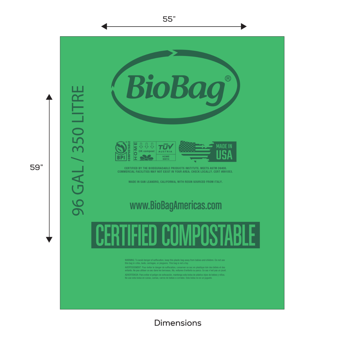 BioBag 96 Gallon Compostable Bags 55x59 (QTY 60), SKU 96G5559