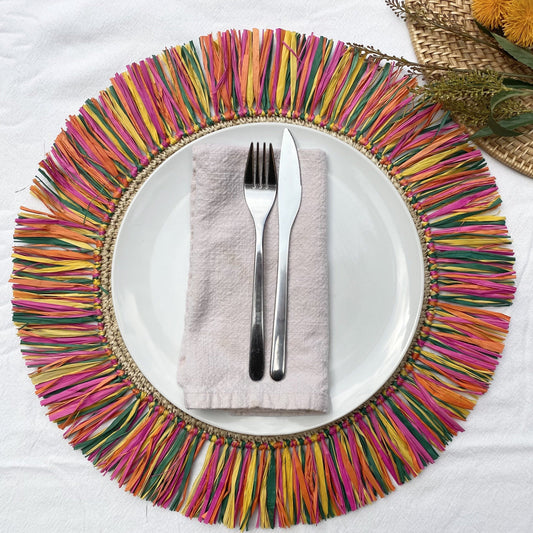 Pahiyas Woven Raffia Fringe Placemats Multi Rainbow, Set of 2