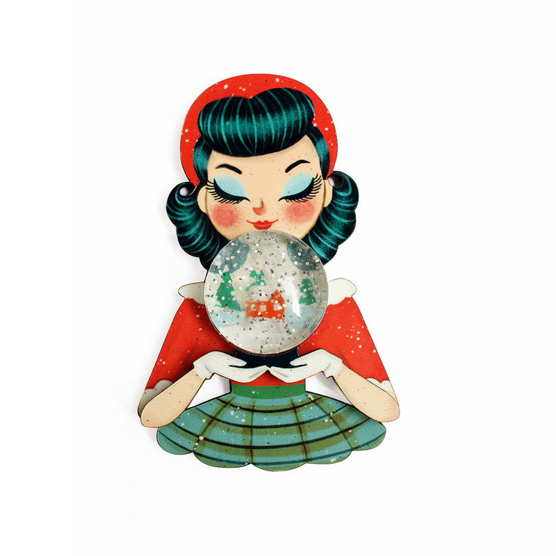 Girl with Snowman Snow Globe Brooch by Laliblue