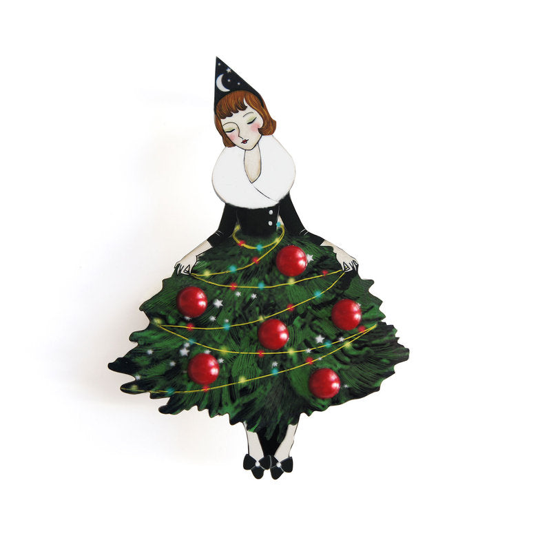 Girl with Christmas Tree Dress Brooch by Laliblue