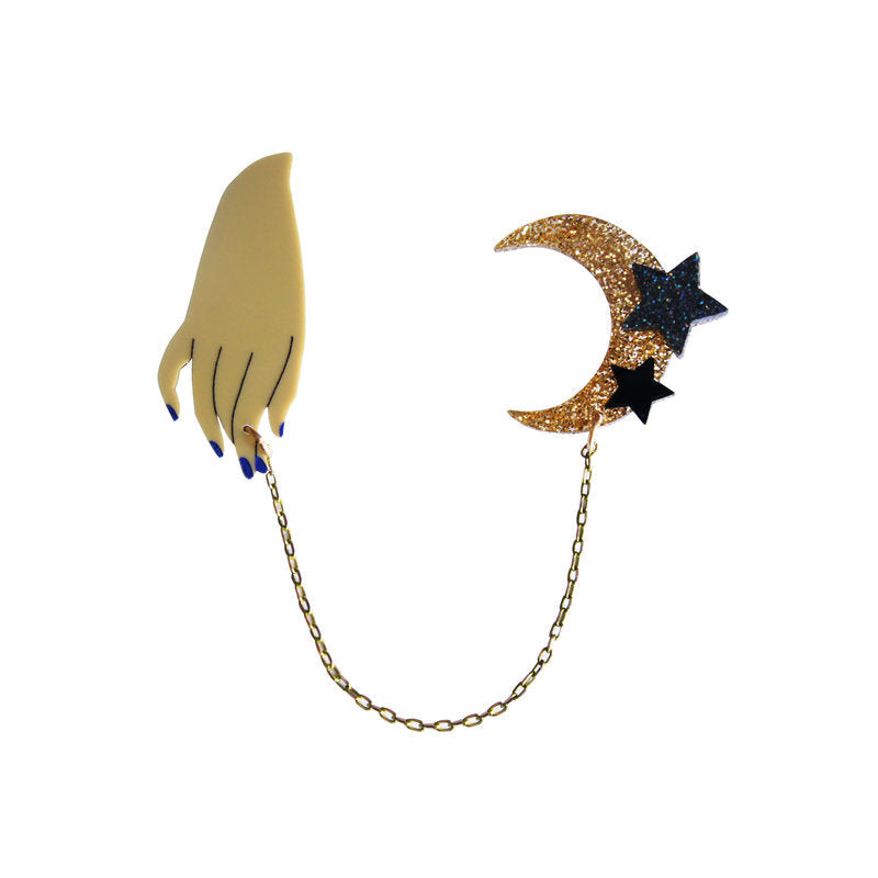 Hand and Moon Double brooch by Laliblue