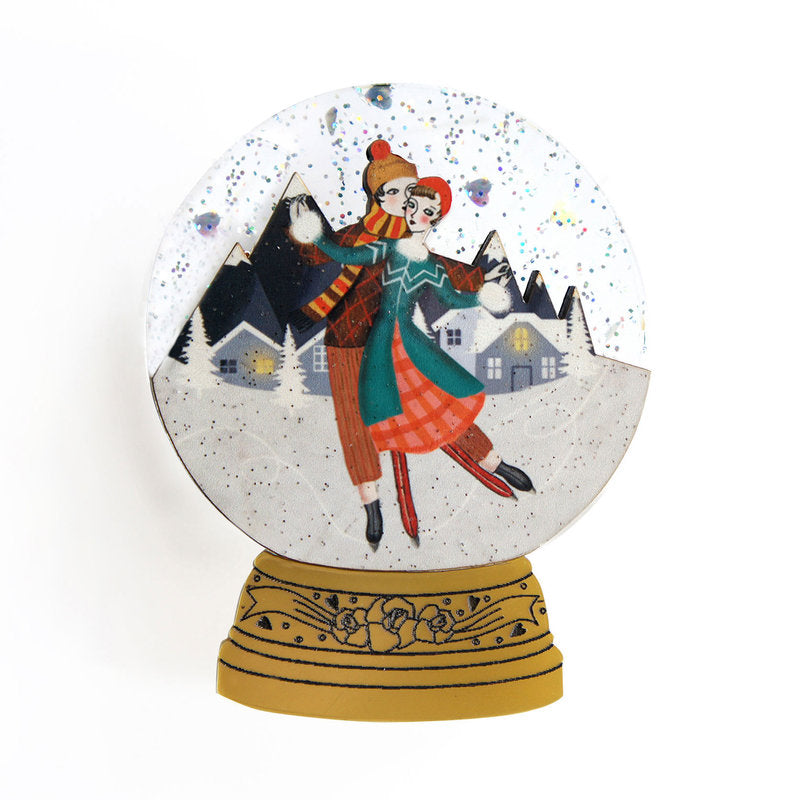 Ice Skating Snow Globe Brooch by Laliblue