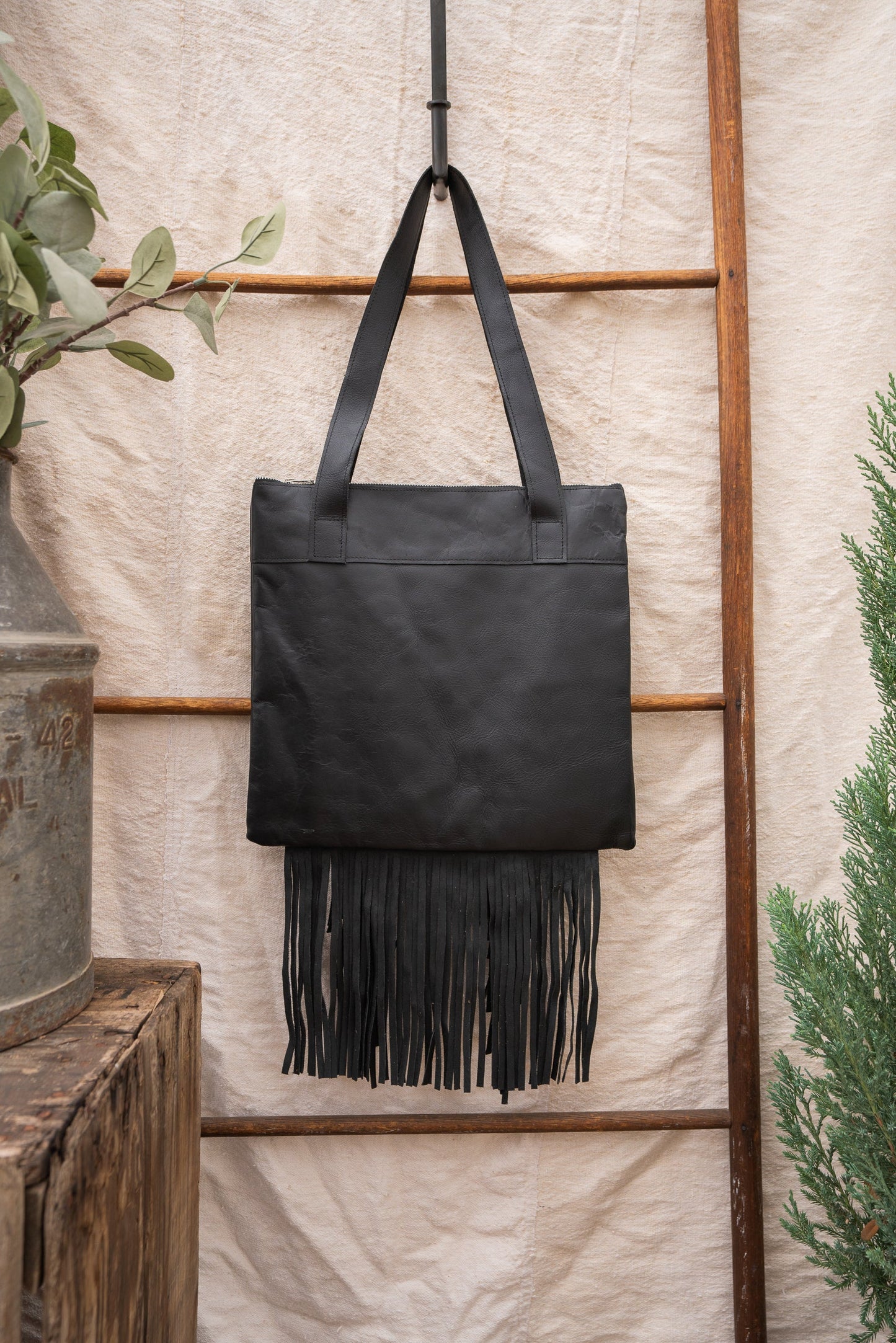 Fringe Tote - Indigo on White Rain - Black Leather