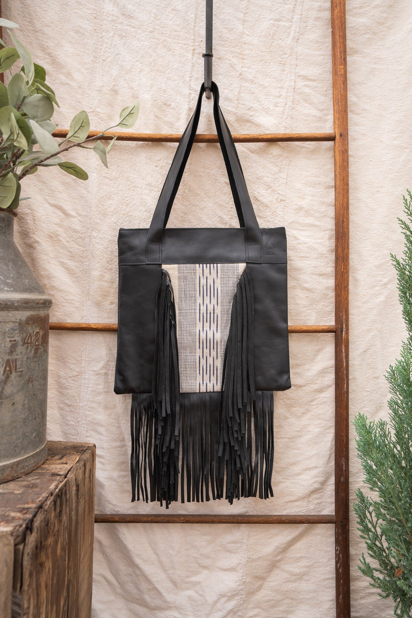 Fringe Tote - Indigo on White Rain - Black Leather