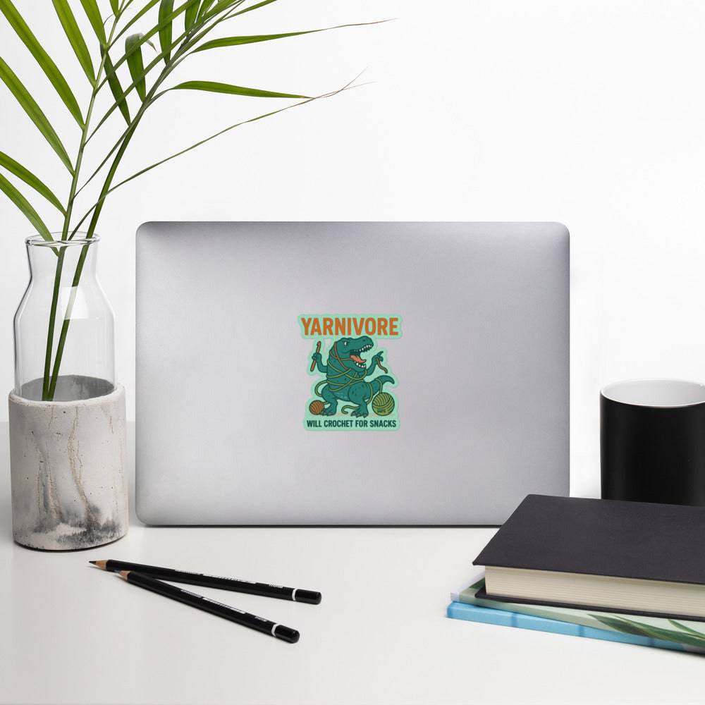 🦖 Yarnivore Sticker – Will Crochet for Snacks Bubble-free stickers