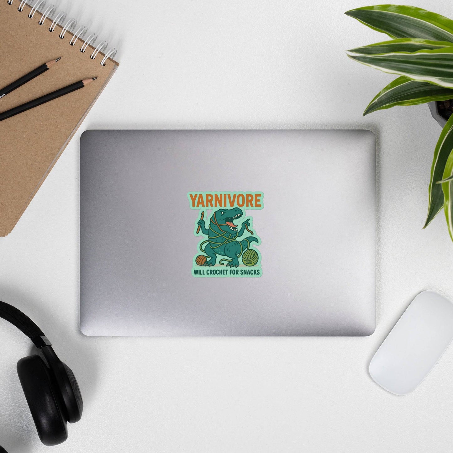 🦖 Yarnivore Sticker – Will Crochet for Snacks Bubble-free stickers