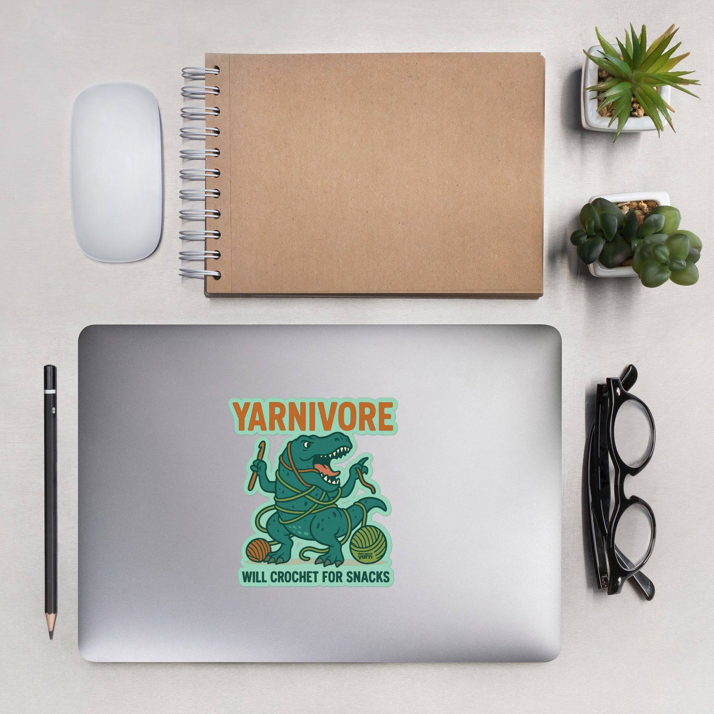 🦖 Yarnivore Sticker – Will Crochet for Snacks Bubble-free stickers