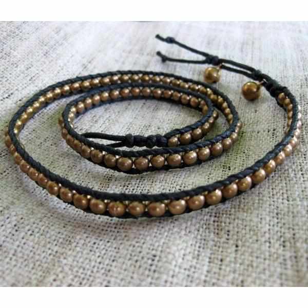 Three Wrap Bracelet with Leather & Beads - Thailand