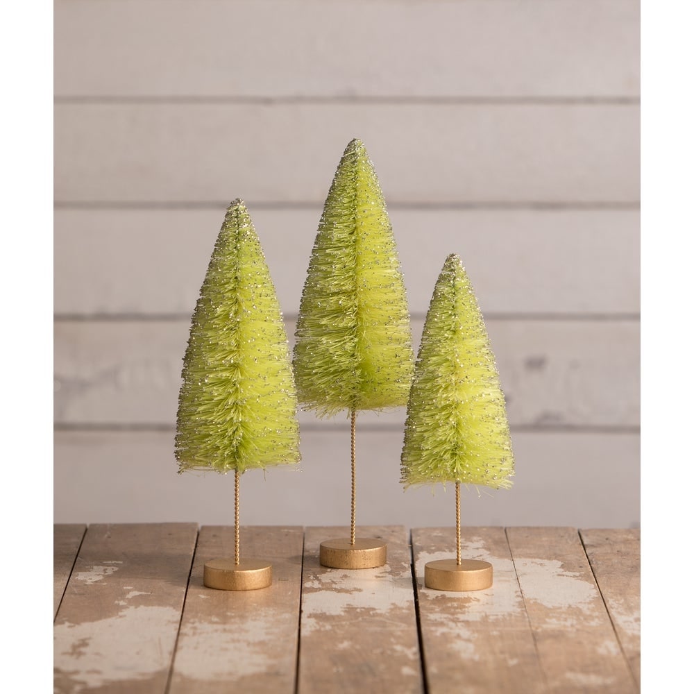 Lime Green Bottle Brush Trees Set of 3 by Bethany Lowe