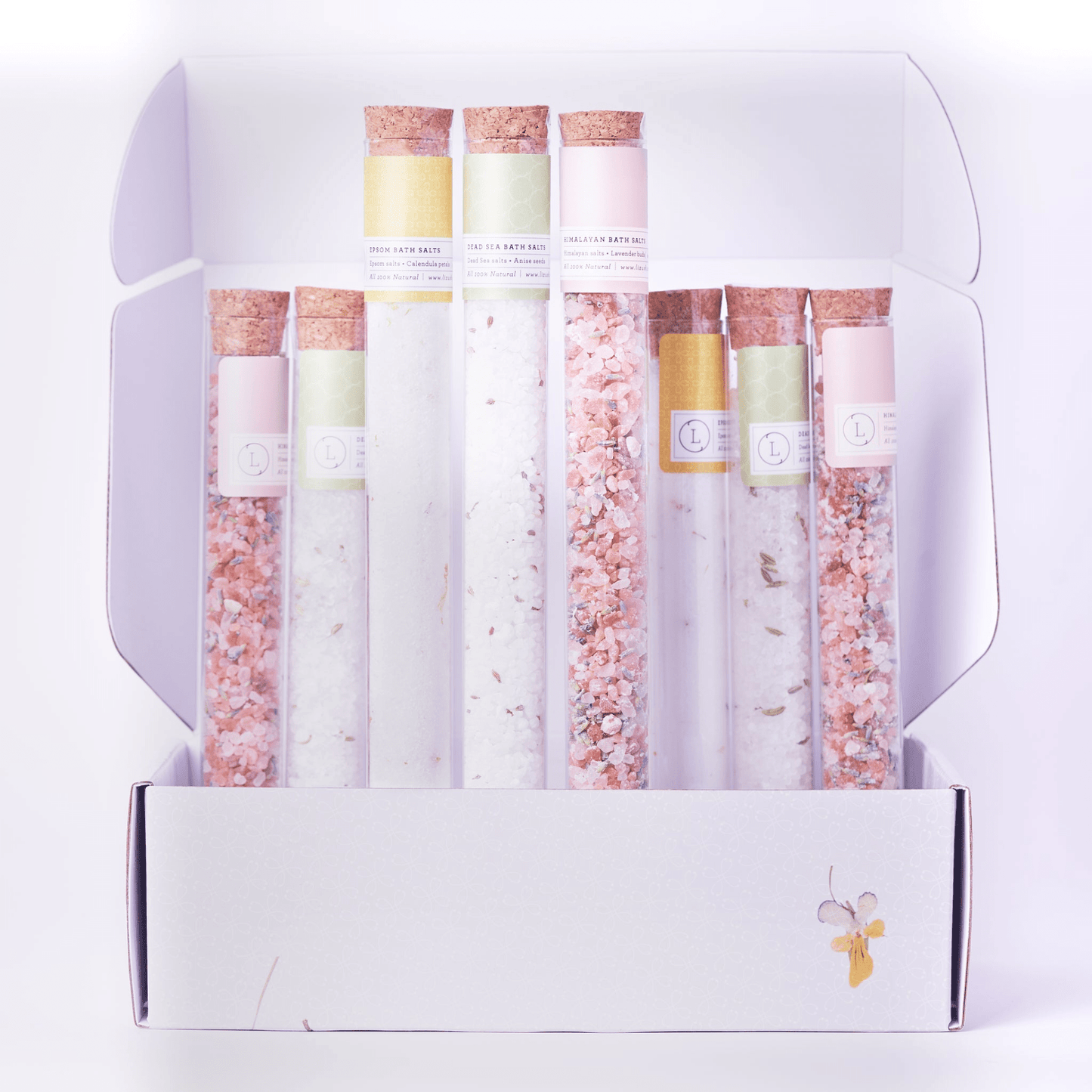 Luxurious Bath Salts Gift Set in 8 Reusable Glass Tubes