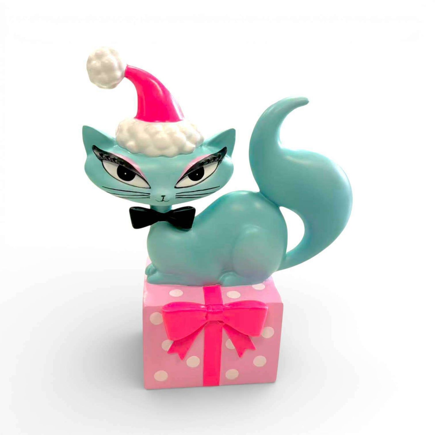 10" Teal Retro Swanky Christmas Kitty Figurine | Miss Fluff December Diamonds