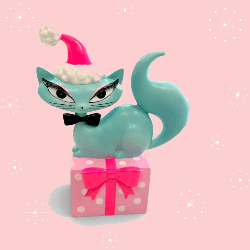 10" Teal Retro Swanky Christmas Kitty Figurine | Miss Fluff December Diamonds