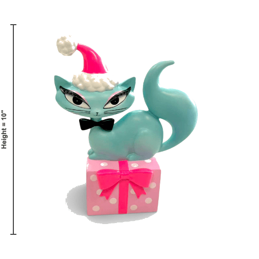 10" Teal Retro Swanky Christmas Kitty Figurine | Miss Fluff December Diamonds