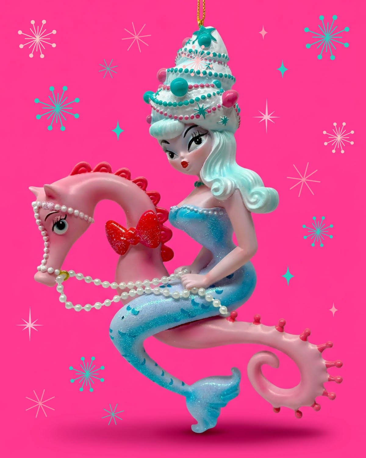 Nina Noelle 6.5" Blue Hair Bouffant Mermaid on Seahorse Ornament | Miss Fluff December Diamonds