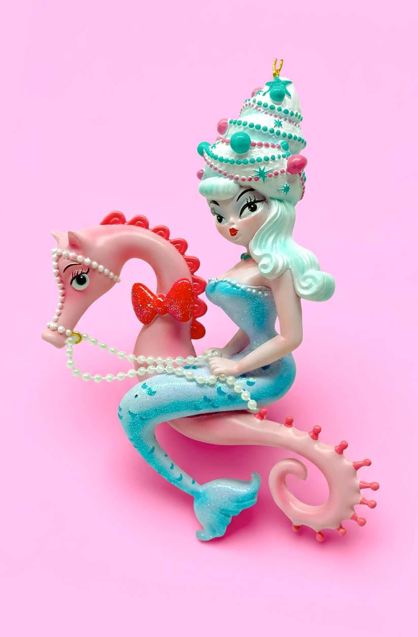 Nina Noelle 6.5" Blue Hair Bouffant Mermaid on Seahorse Ornament | Miss Fluff December Diamonds