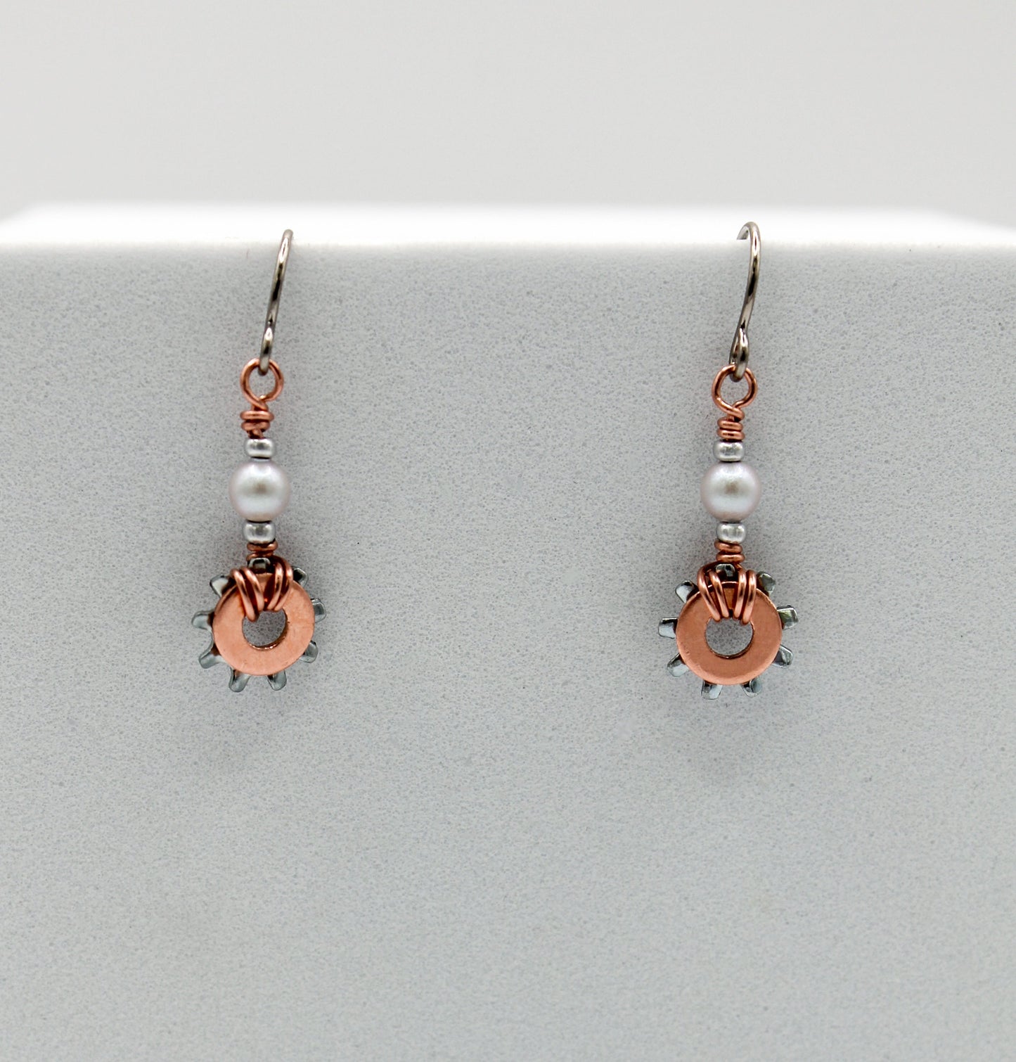 Shine Earrings | Repurposed Copper & Steel Auto Parts | Crystal Pearls | Stainless Steel Ear Wire
