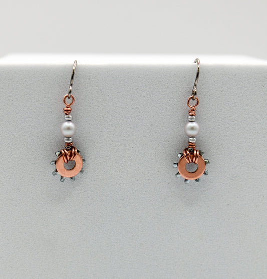 Shine Earrings | Repurposed Copper & Steel Auto Parts | Crystal Pearls | Stainless Steel Ear Wire